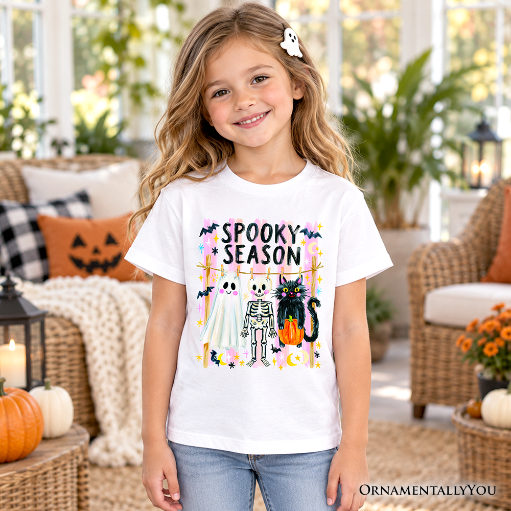 Kids white spooky season graphic T-shirt with colorful “Spooky Season” front print