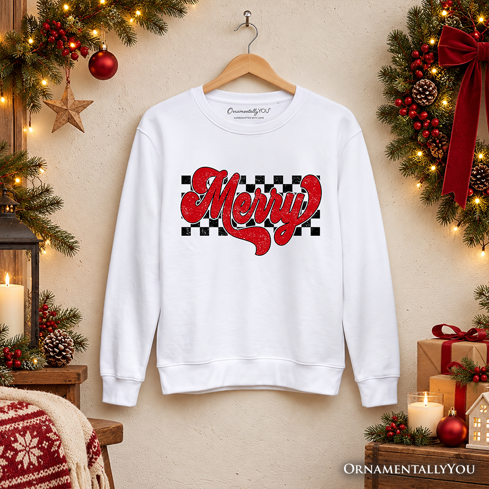 White crewneck sweatshirt with centered red “Merry” script and black checkered print