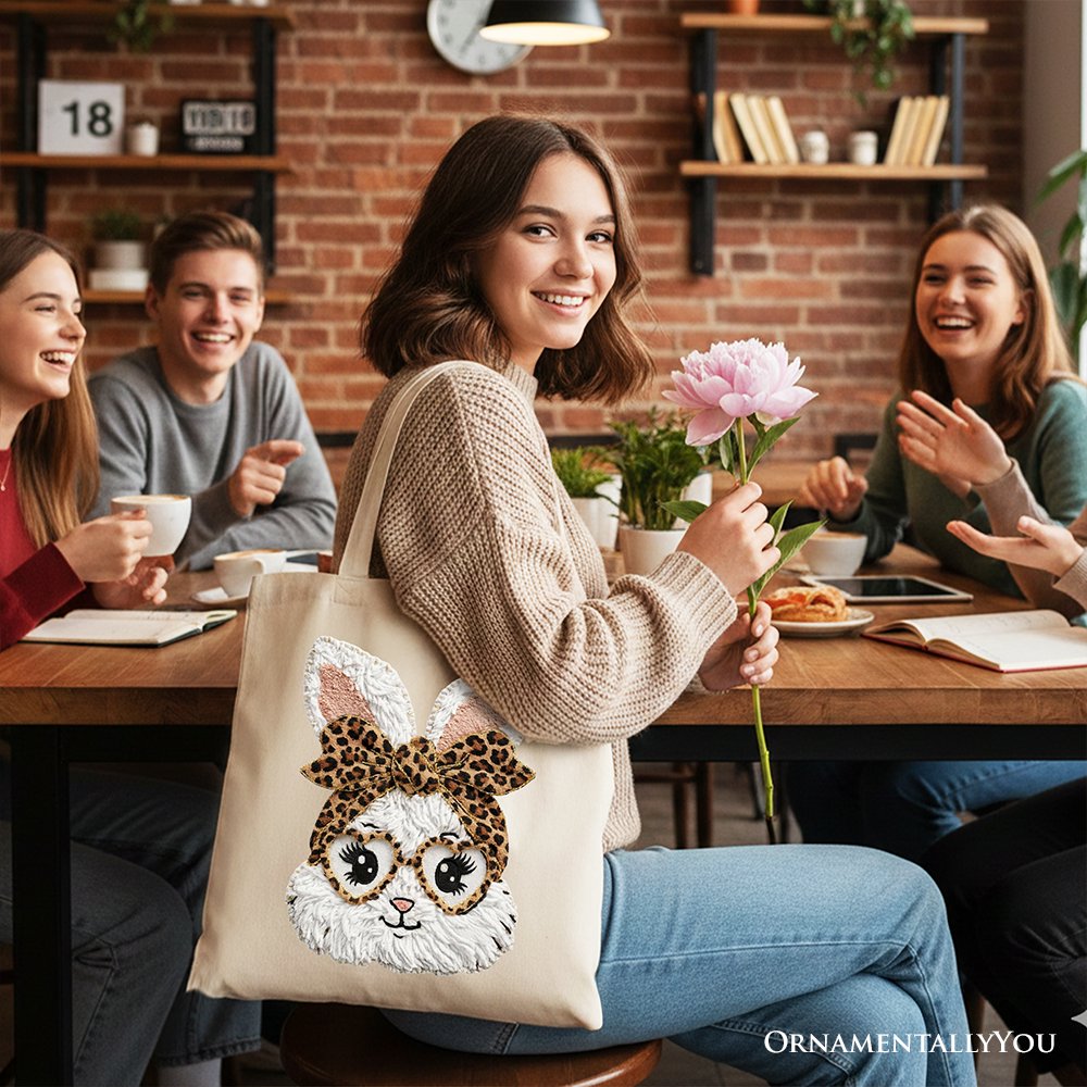 Cream tote bag with leopard bow bunny face embroidery and long carry handles