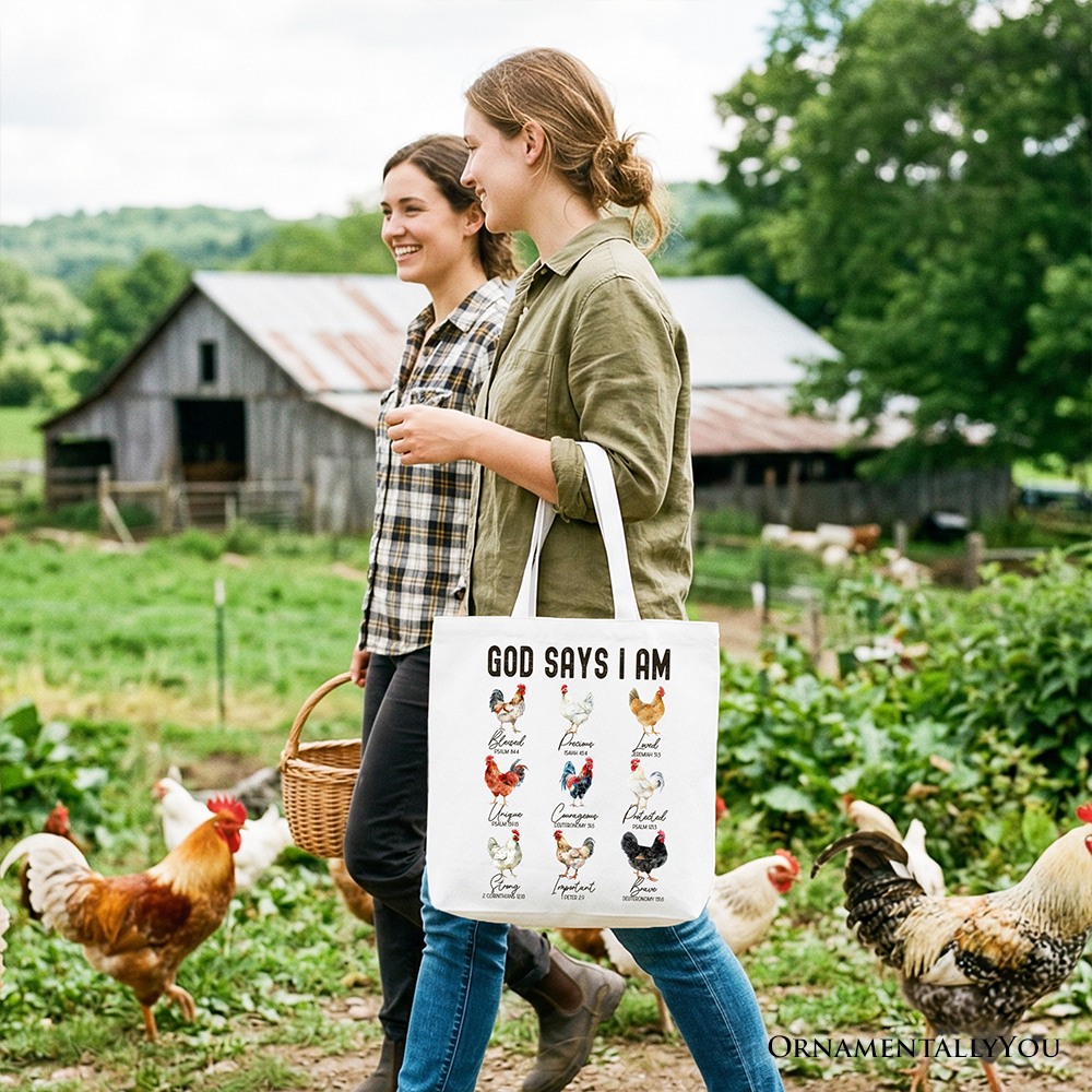 White tote bag with black text and rooster/chicken illustration, two fabric handles