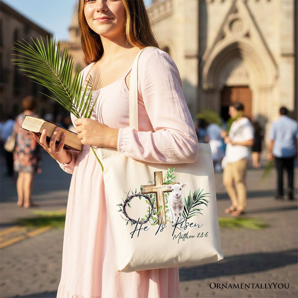 Cream tote bag with cross, lamb, and Matthew 28:6 verse print