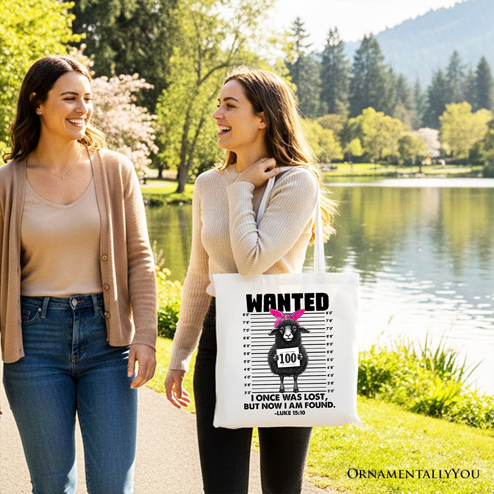White tote bag with WANTED sheep graphic and Luke 15:10 verse text