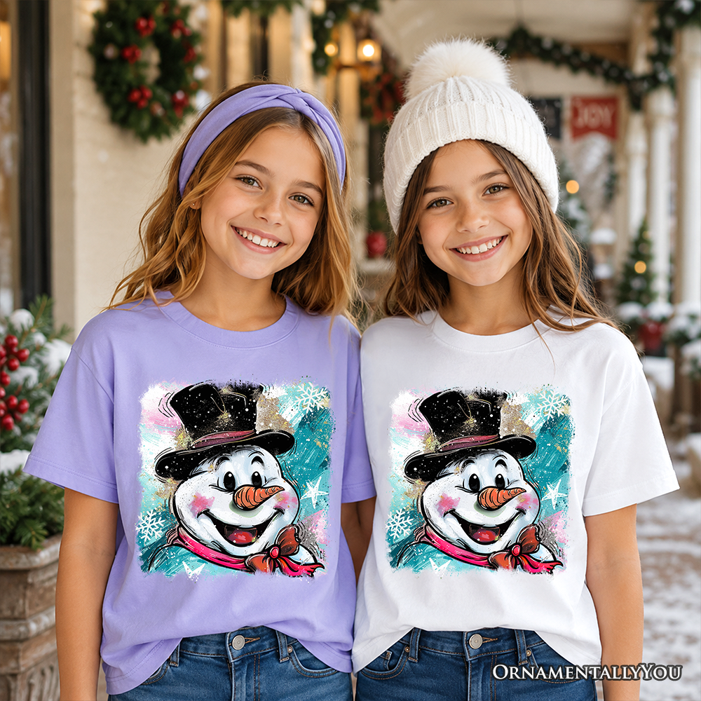 Kids lavender and white t-shirts with glitter snowman face graphic