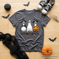 Kids dark gray Halloween T-shirt, flat lay with penguin trio graphic and jack-o-lantern
