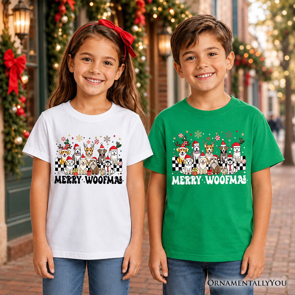 Kids white and Irish green dog Christmas T-shirts with “Merry Woofmas” graphic