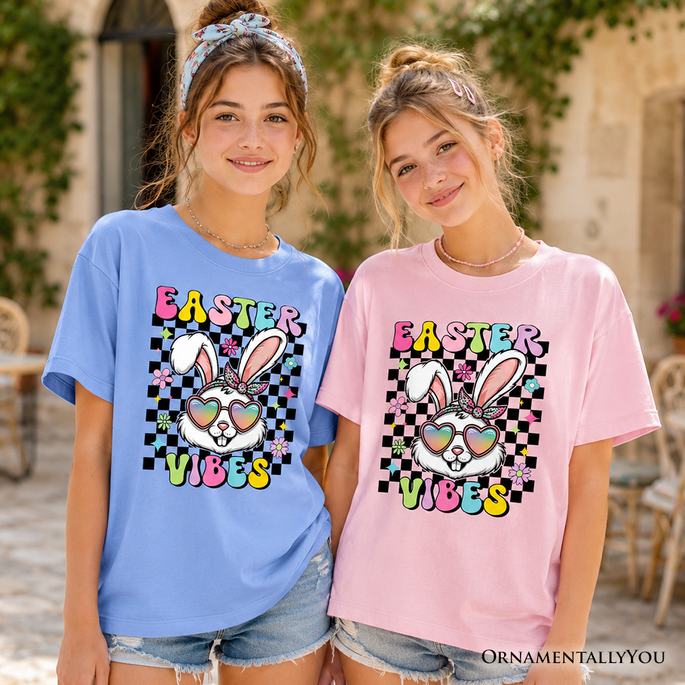 Kids Easter graphic T-shirts, blue and pink crew necks with bunny “Easter Vibes” prints