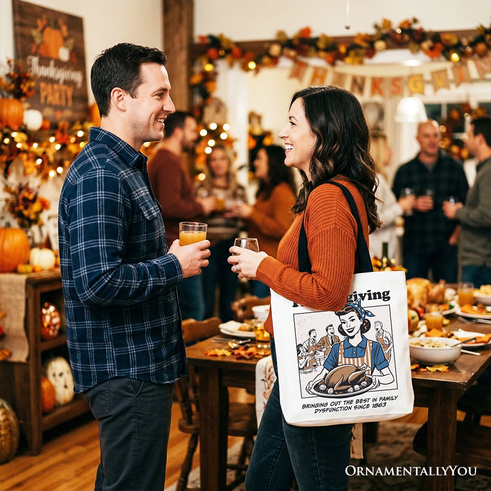 White Thanksgiving tote bag with black handles, worn at front view in a festive setting.