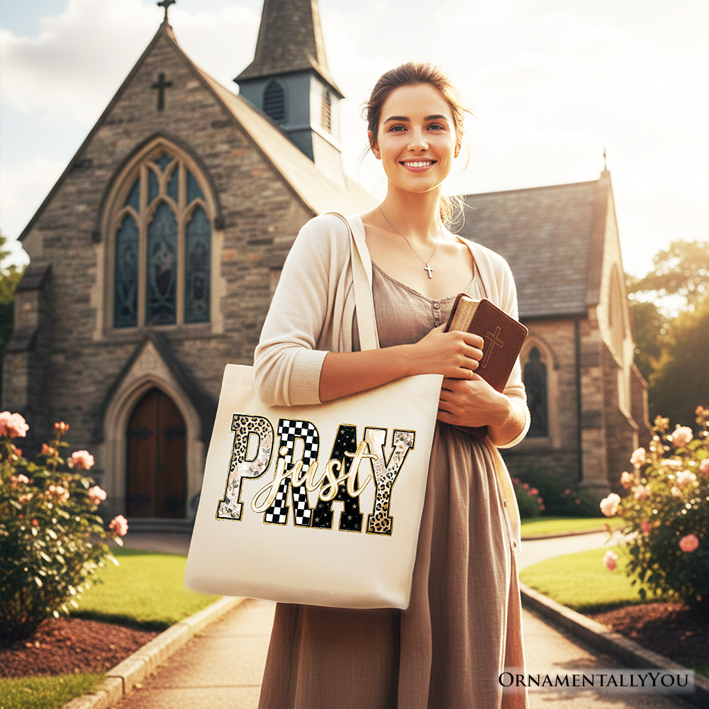 Cream tote bag with “Pray” patchwork graphic on the front