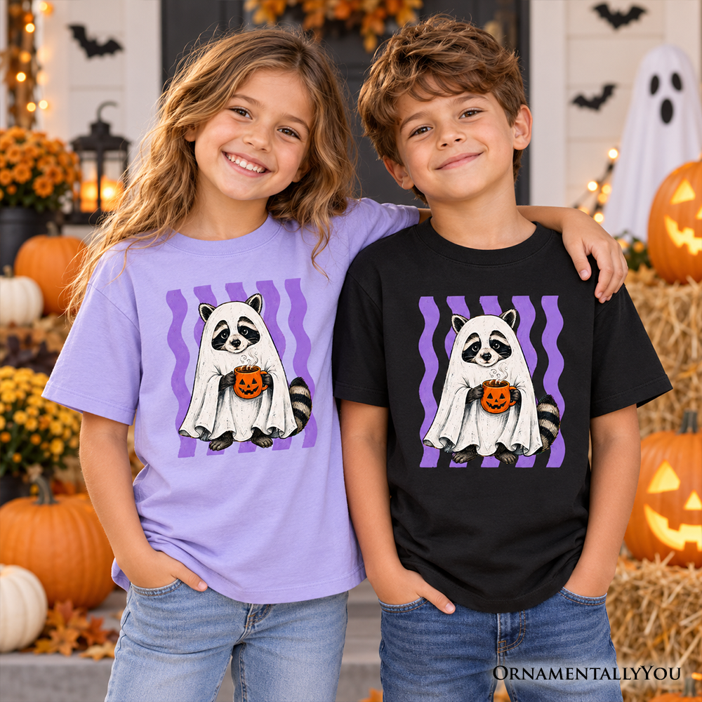 Kids Halloween raccoon ghost pumpkin T-shirt pair, lavender and black front graphics