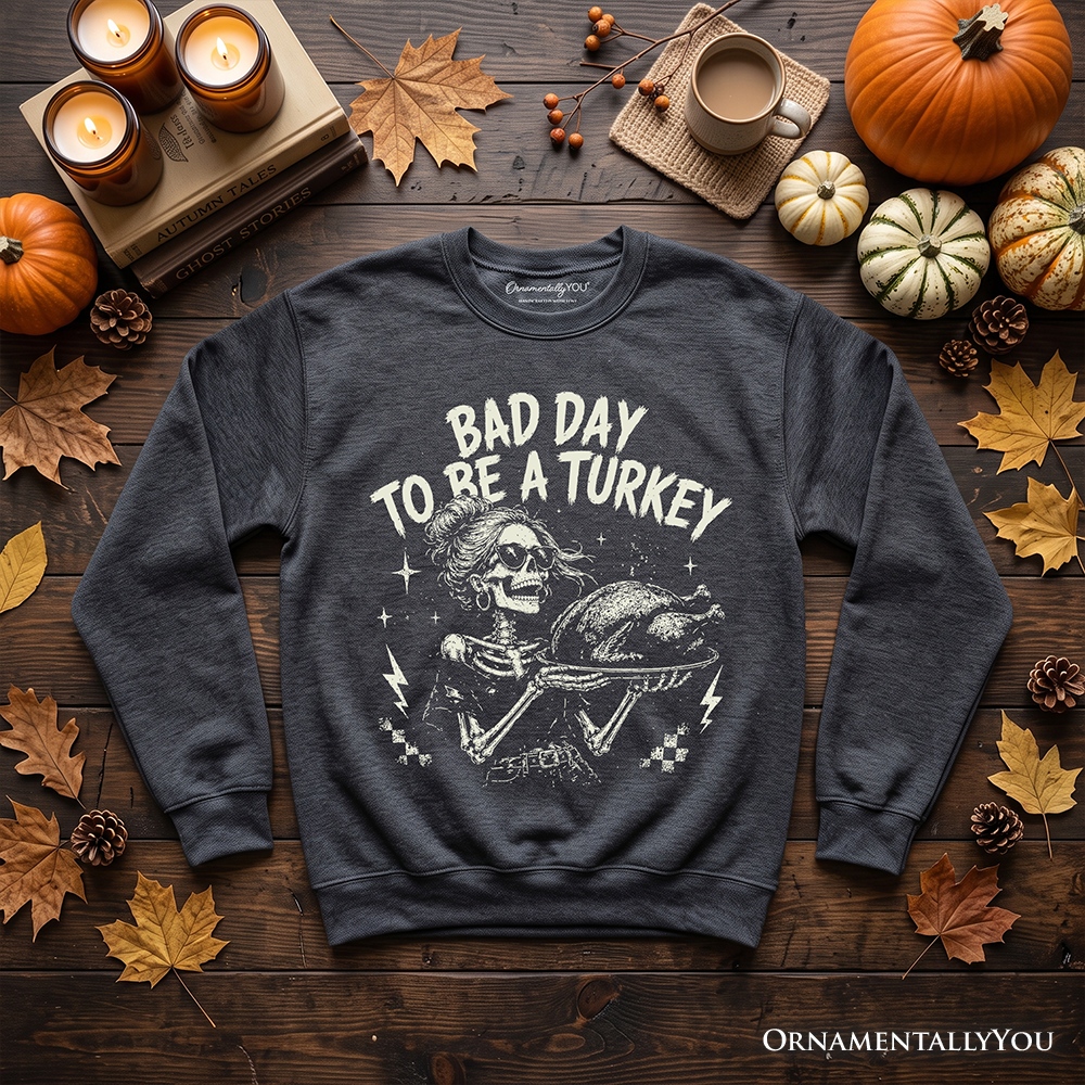 Dark heather long-sleeve crewneck sweatshirt with turkey-skeleton graphic on chest