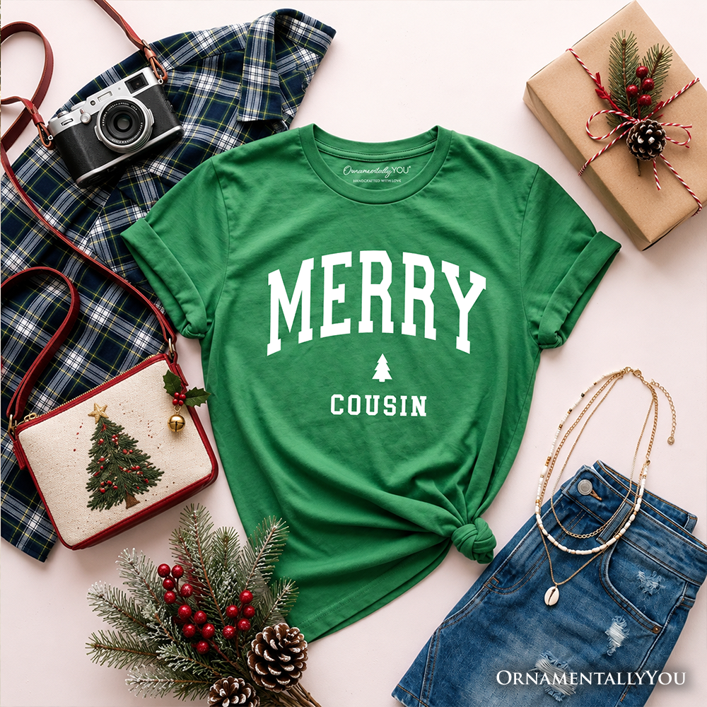 Kids Irish green Christmas T-shirt flat lay with white 'MERRY COUSIN' graphic
