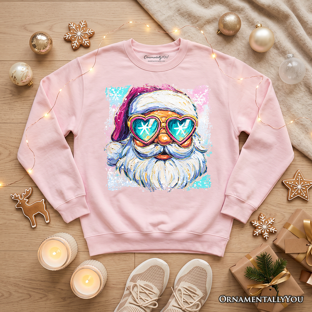 Pink crewneck sweatshirt with Santa face graphic wearing neon sunglasses