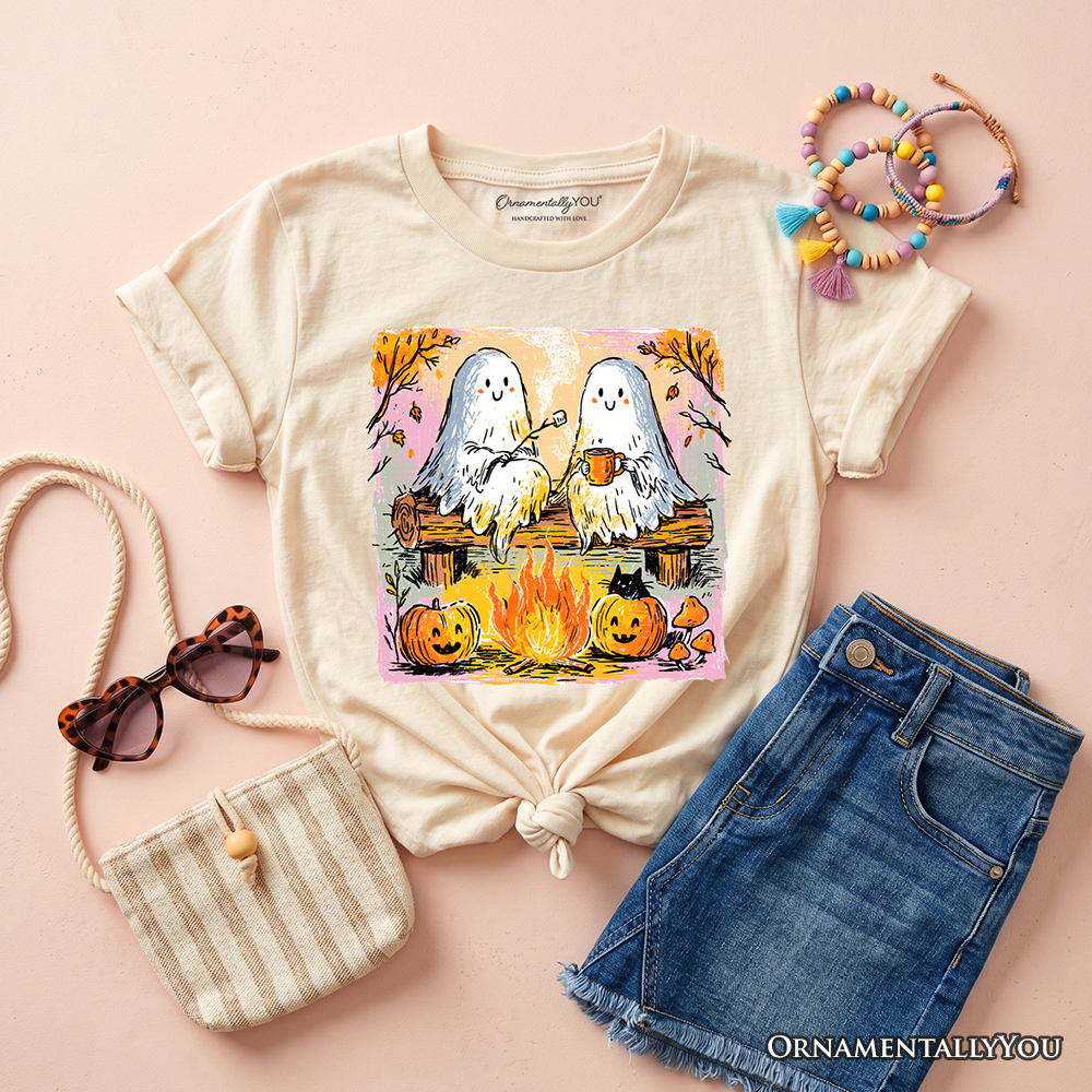 Cream kids T-shirt with ghost campfire and pumpkin graphic