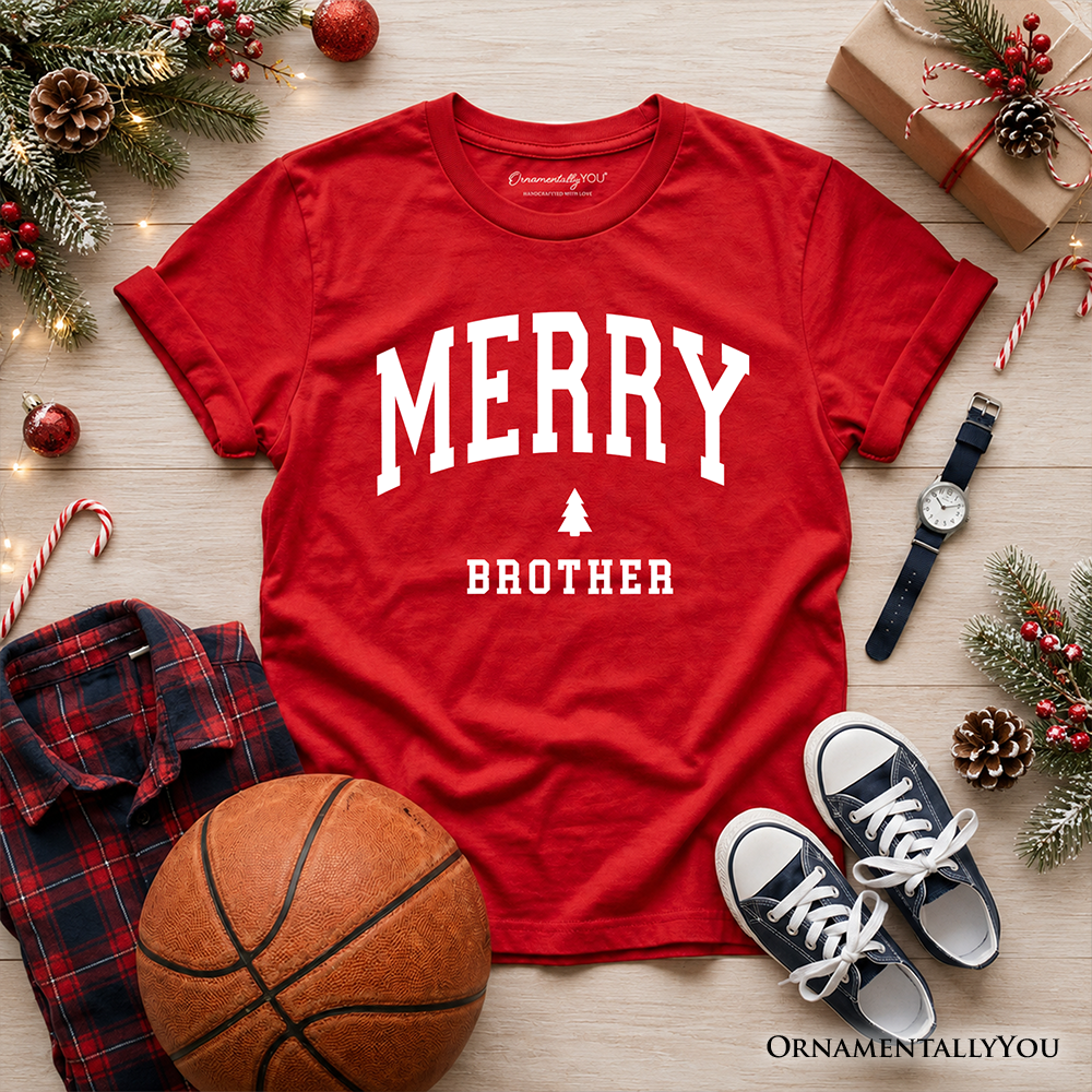 Kids red crewneck t-shirt with "MERRY BROTHER" front print