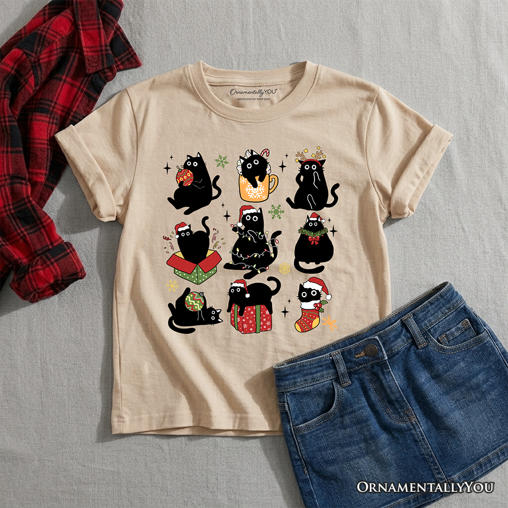 Sand kids crew-neck T-shirt with black cats holiday graphic print