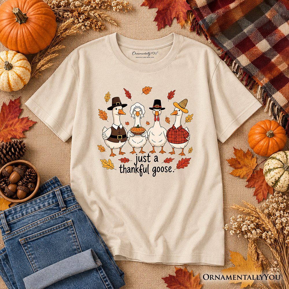 Kids sand beige crew-neck T-shirt with turkey family graphic and “just a thankful goose”