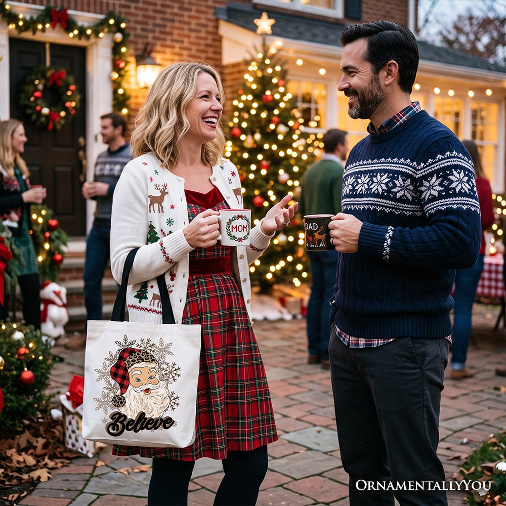 Believe Santa buffalo plaid tote bag with snowflakes graphic and cream handles