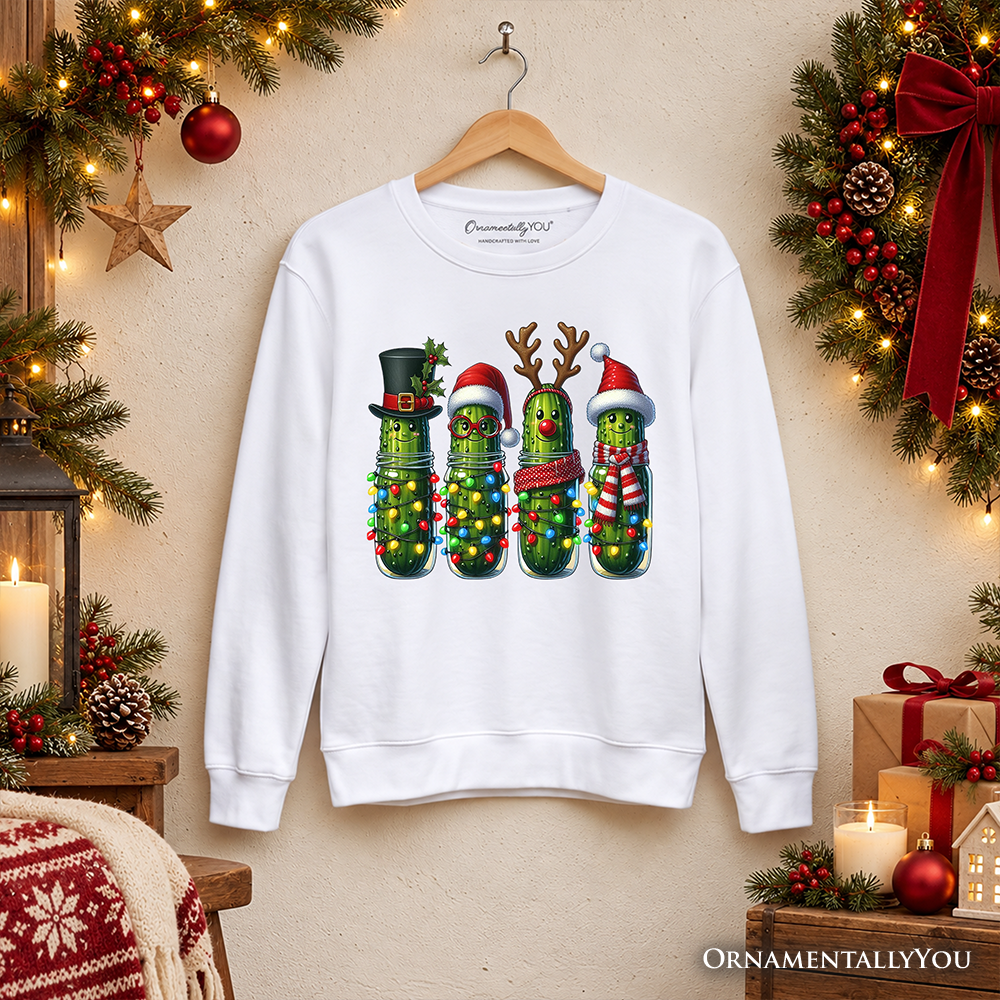 White crewneck sweatshirt hanging, with festive pickle character graphic on front