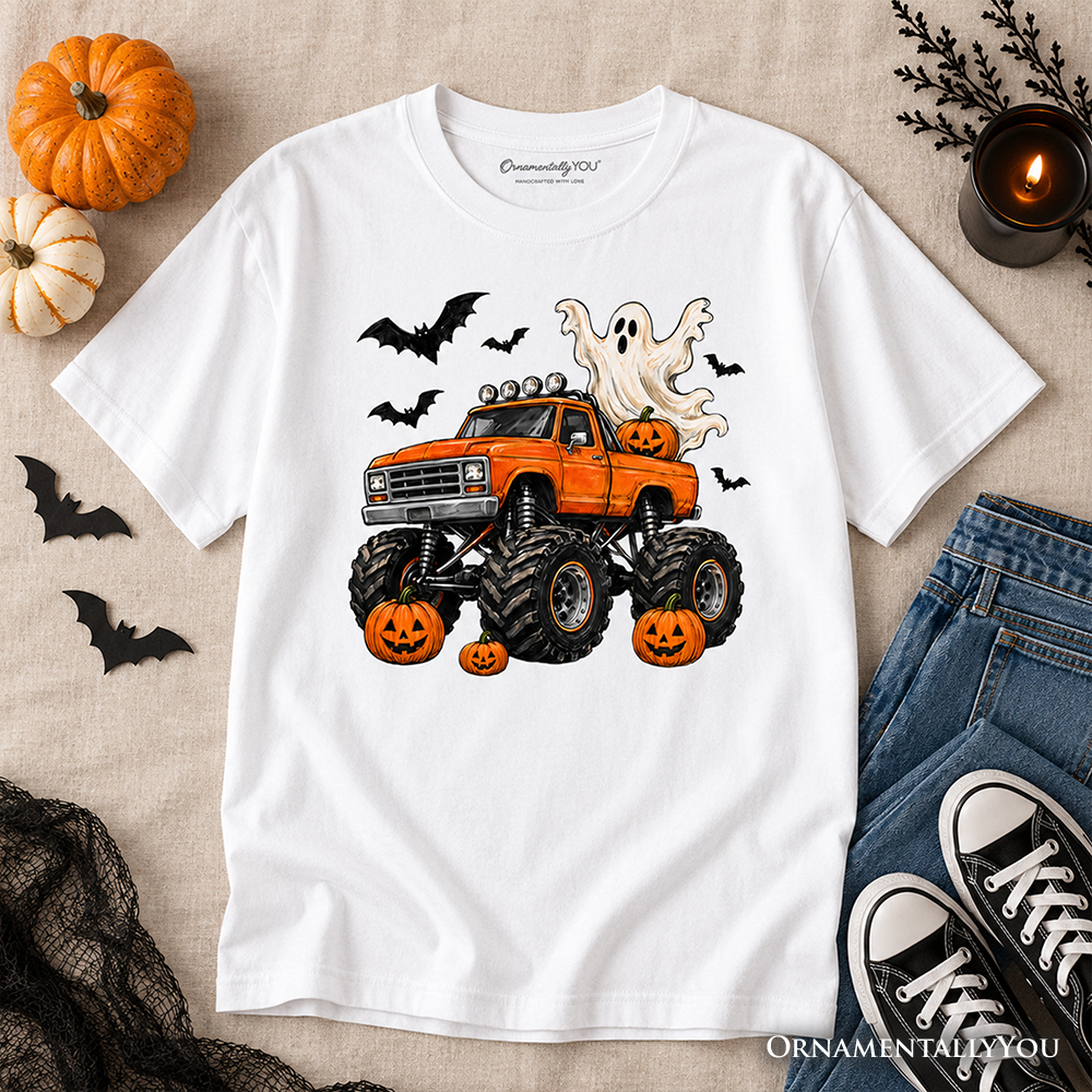 White kids T-shirt with orange monster truck, ghost, bats, and jack-o'-lantern pumpkins print