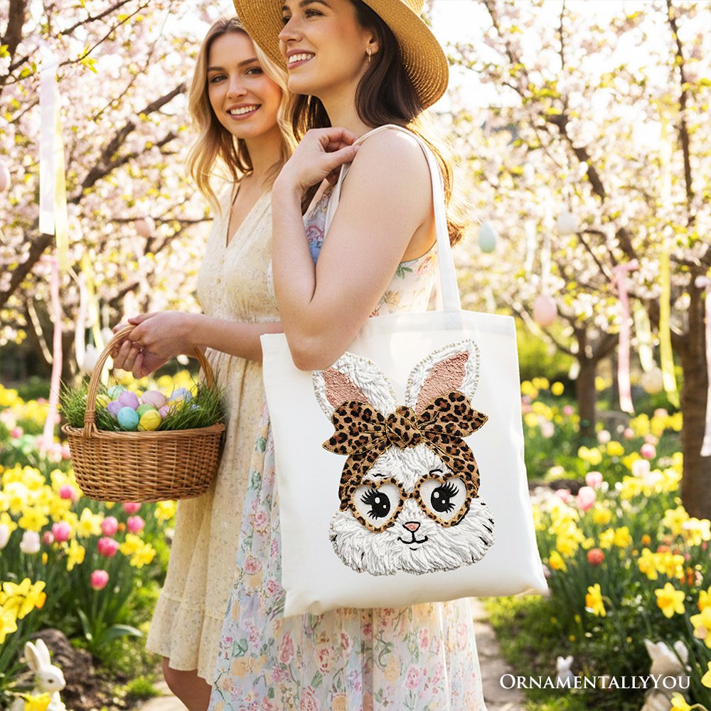 White tote bag with leopard bow bunny face applique, large open top