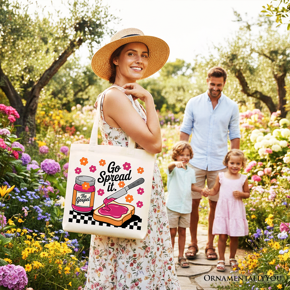 White tote bag with beige handles and colorful 'Go Spread It' artwork