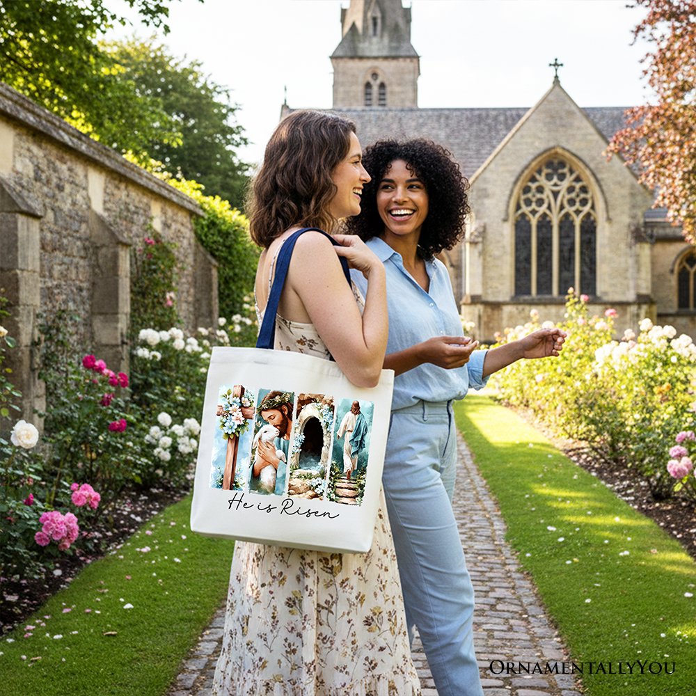 White canvas tote bag with "He Is Risen" floral arch collage on front.