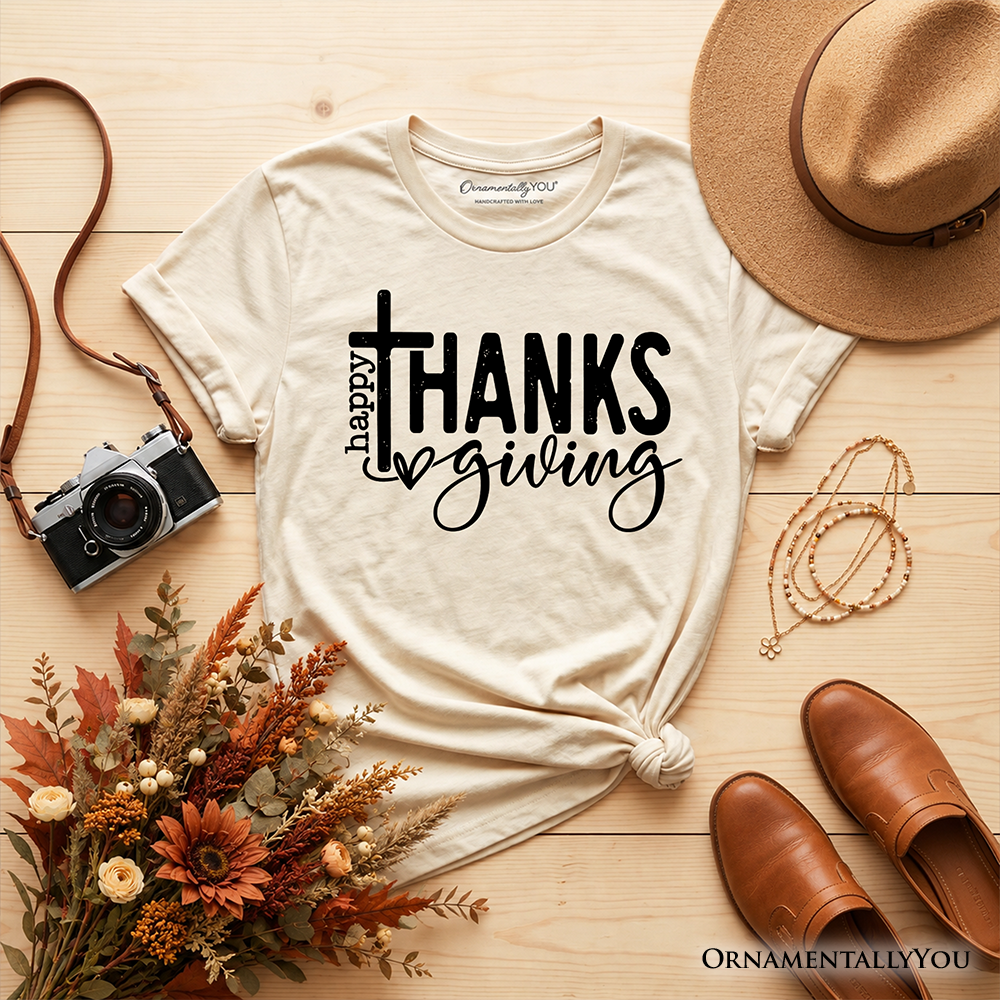 Kids T-shirt in cream with black "THANKS giving" cross graphic, short sleeves