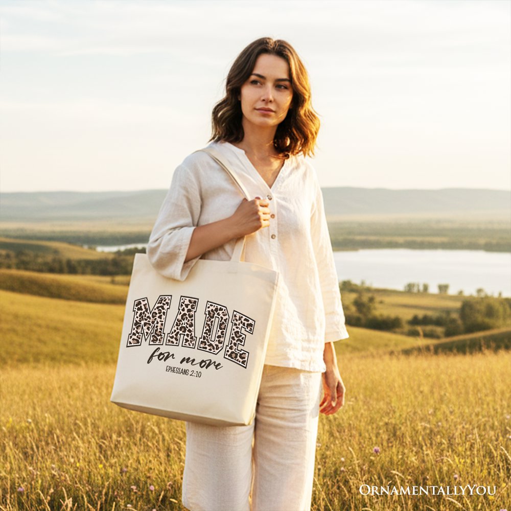 White canvas tote bag with "MADE" leopard print lettering and "for more" text
