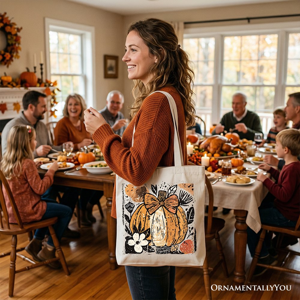 White canvas tote bag with pumpkin floral bow print, carried on shoulder