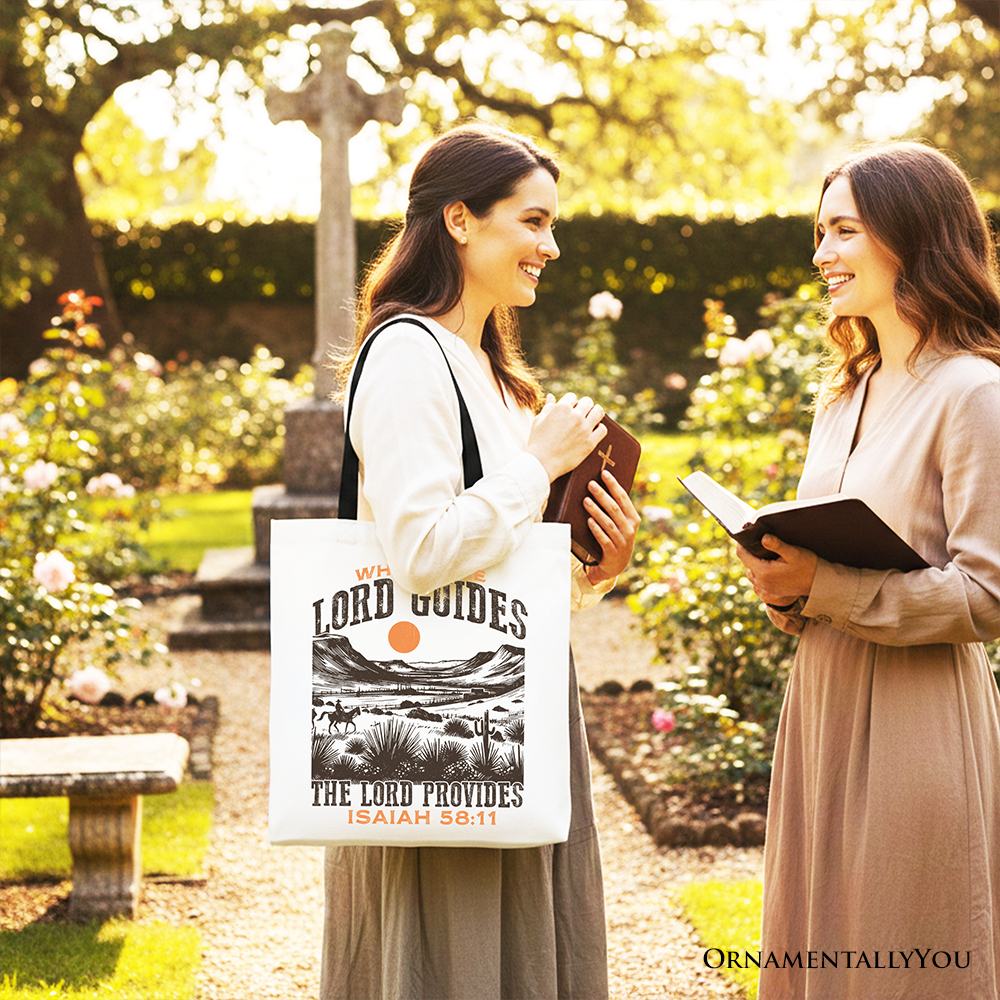 Cream tote bag with desert artwork and 'The Lord Provides' Isaiah 58:11, front
