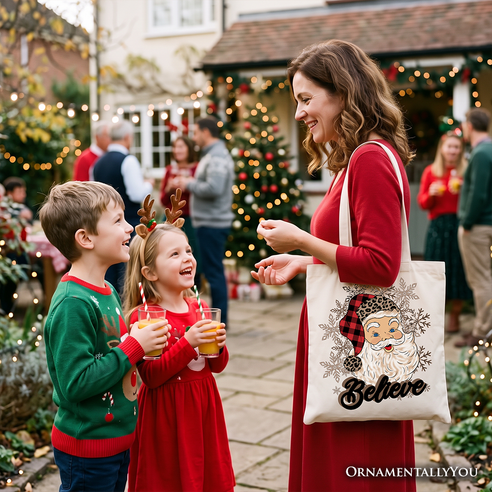 Believe Santa buffalo plaid tote bag with snowflake graphic and cream handles