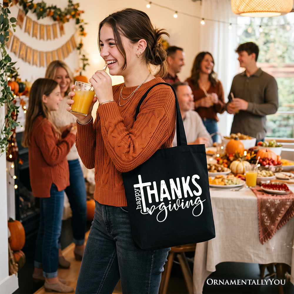 Dark tote bag with “Happy Thanks giving” cross and script print