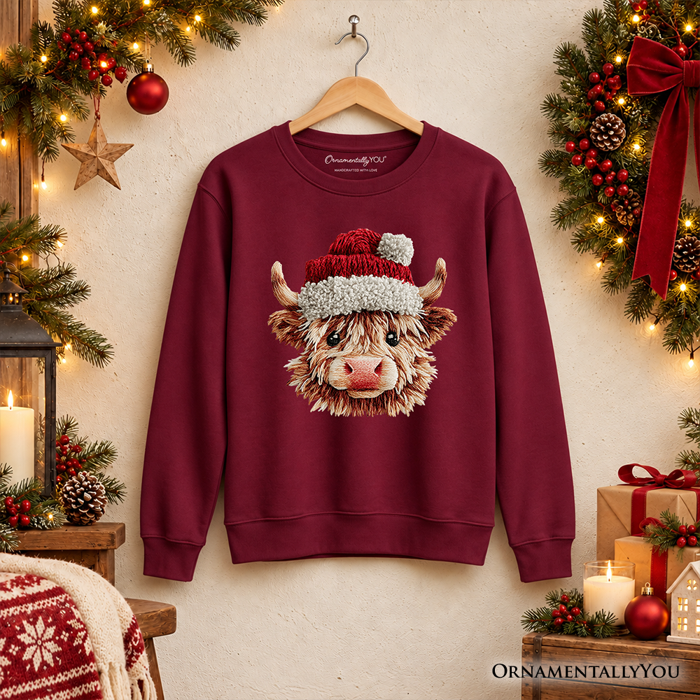 Maroon crewneck sweatshirt with Highland cow face wearing a Santa hat