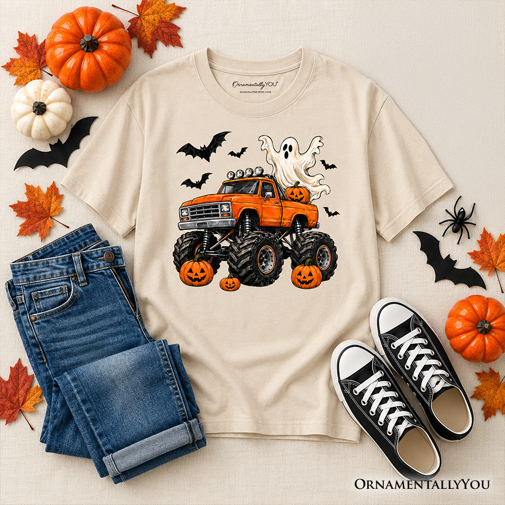 Sand kids T-shirt with orange monster truck, ghost, bats, and jack-o'-lantern pumpkins print
