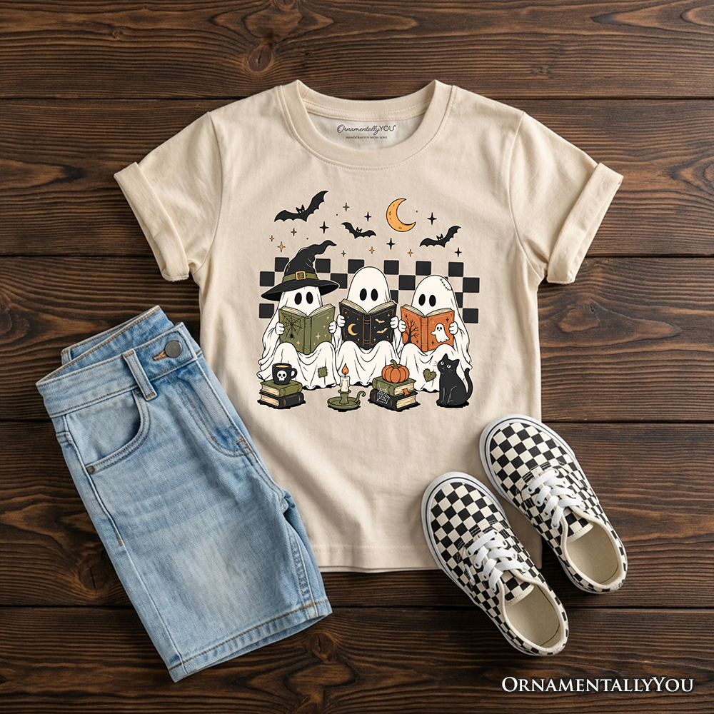 Kids sand/cream T-shirt with reading ghosts, witch cat, and checkerboard design
