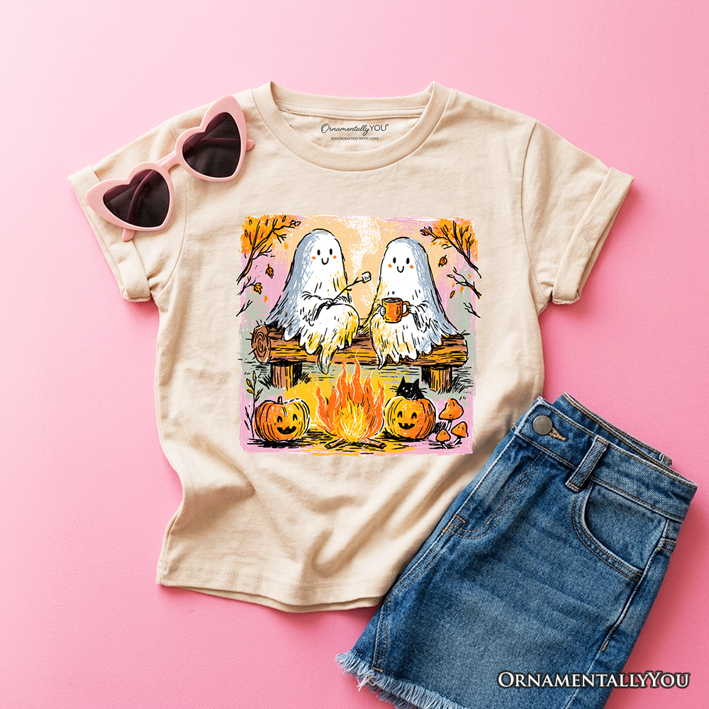 Beige kids T-shirt with ghost campfire and pumpkin graphic