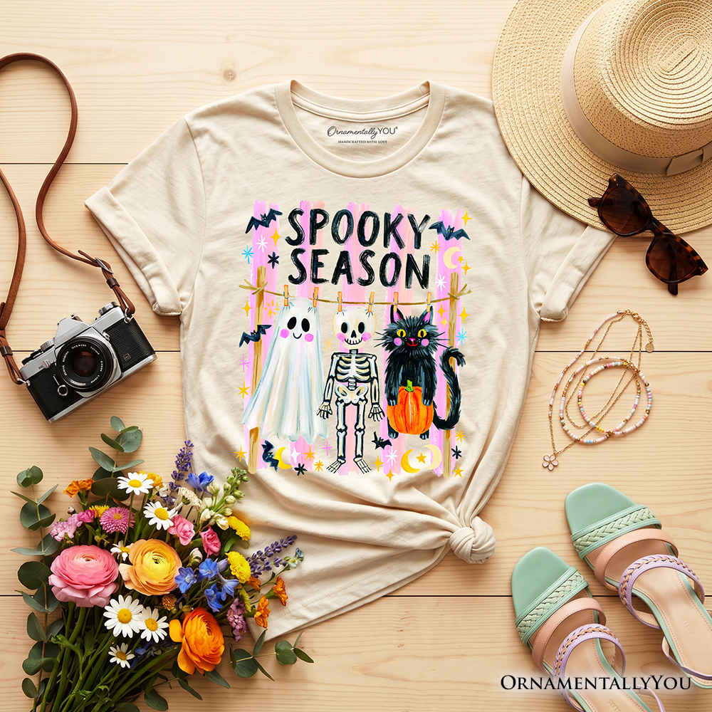 Cream kids spooky season graphic T-shirt with colorful “Spooky Season” front artwork