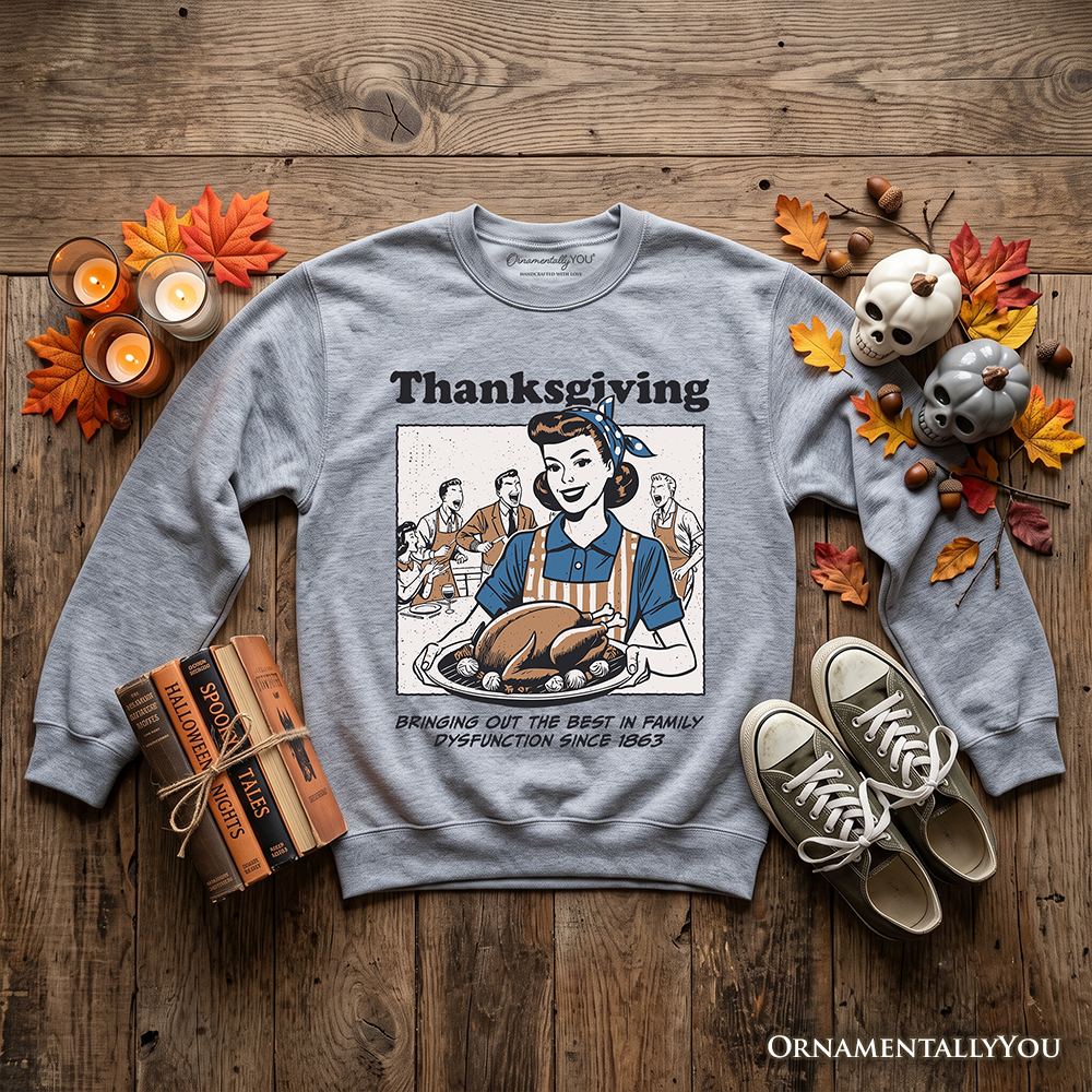 Heather gray crewneck sweatshirt with centered Thanksgiving woman graphic