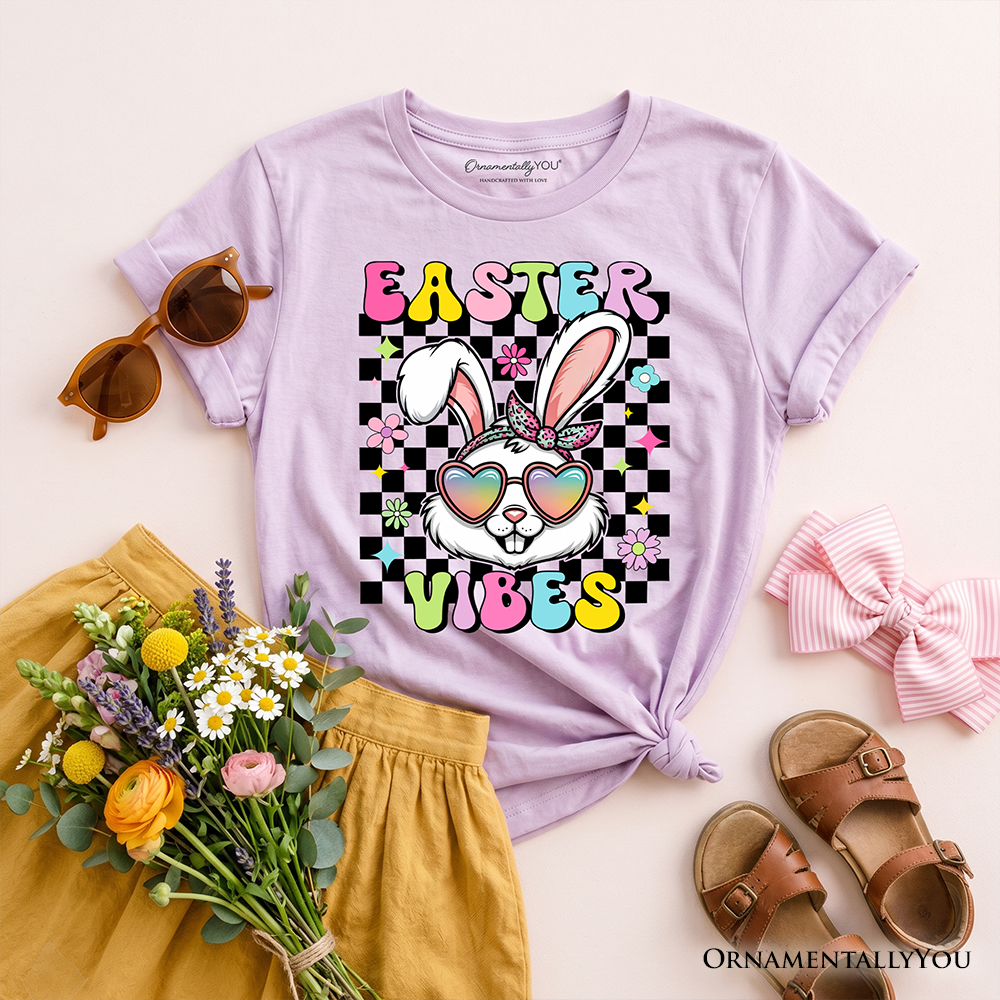 Kids Easter graphic T-shirt, light purple crew neck with bunny “Easter Vibes” print