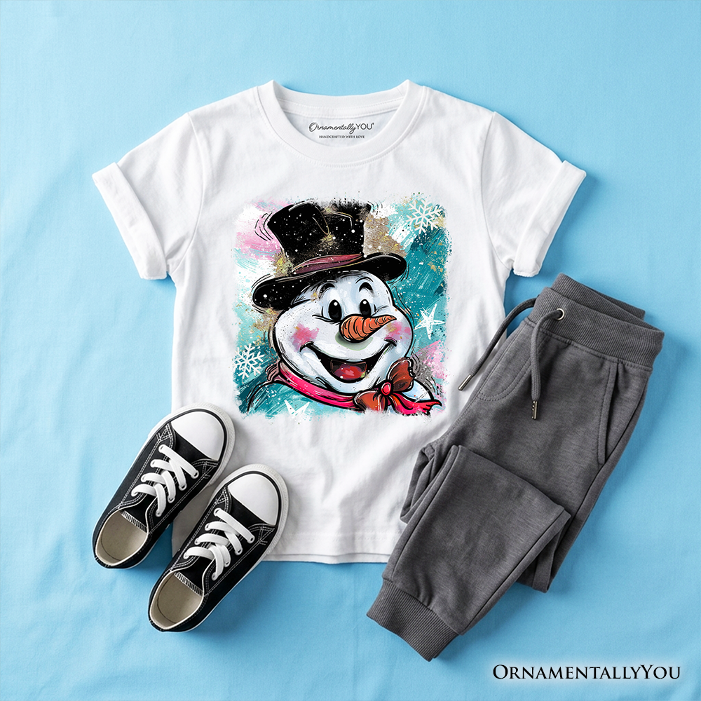 White kids t-shirt flat lay with glitter snowman face graphic