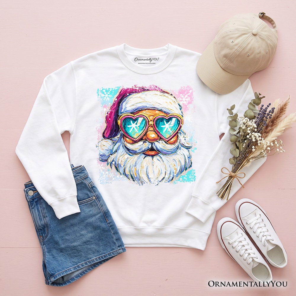 White crewneck sweatshirt with Santa face graphic wearing neon sunglasses