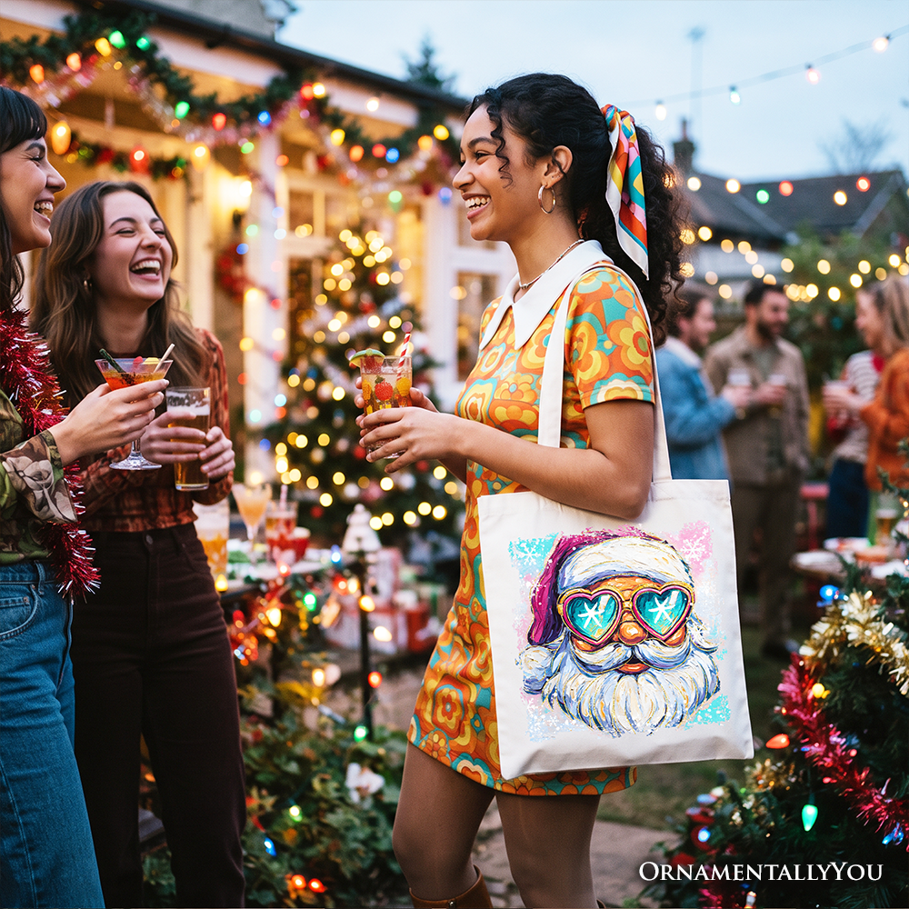 White cotton tote bag with Santa sunglasses graphic, carried outdoors with black handles