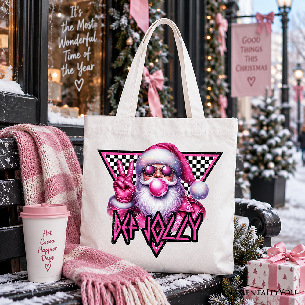 White tote bag with Santa bubblegum graphic and top carry handles