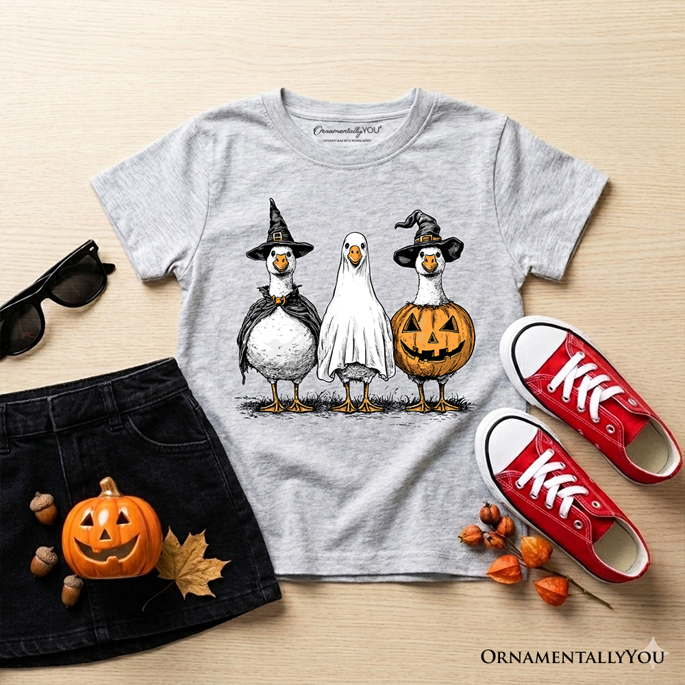 Kids sport gray Halloween T-shirt with penguin trio graphic and jack-o-lantern