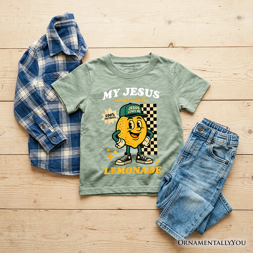 Kids sage green T-shirt with 'My Jesus Be Makin' Lemonade' front graphic