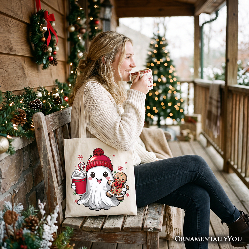 White tote bag with cute ghost, gingerbread cookie, and cocoa cup graphic, front view