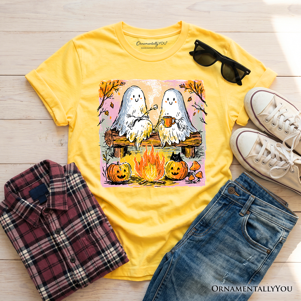 Yellow kids T-shirt with ghost campfire and pumpkin graphic