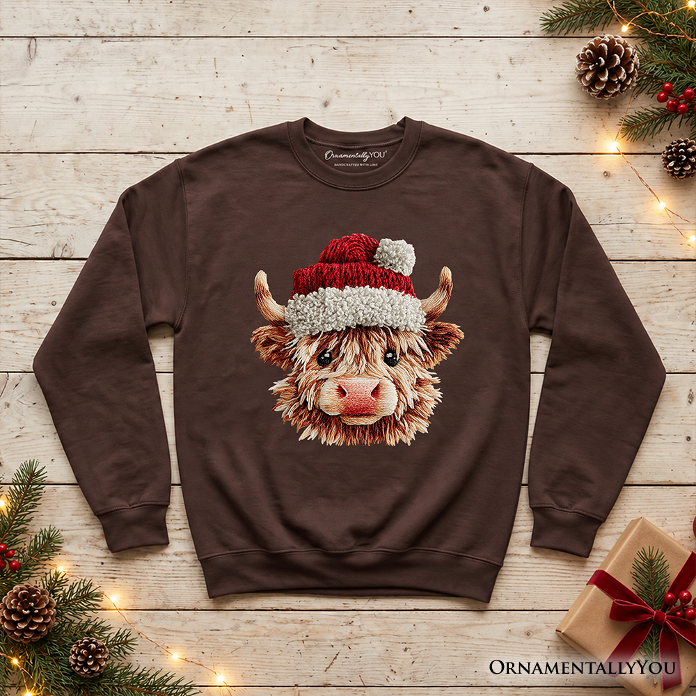 Dark brown crewneck sweatshirt with Highland cow face wearing a Santa hat