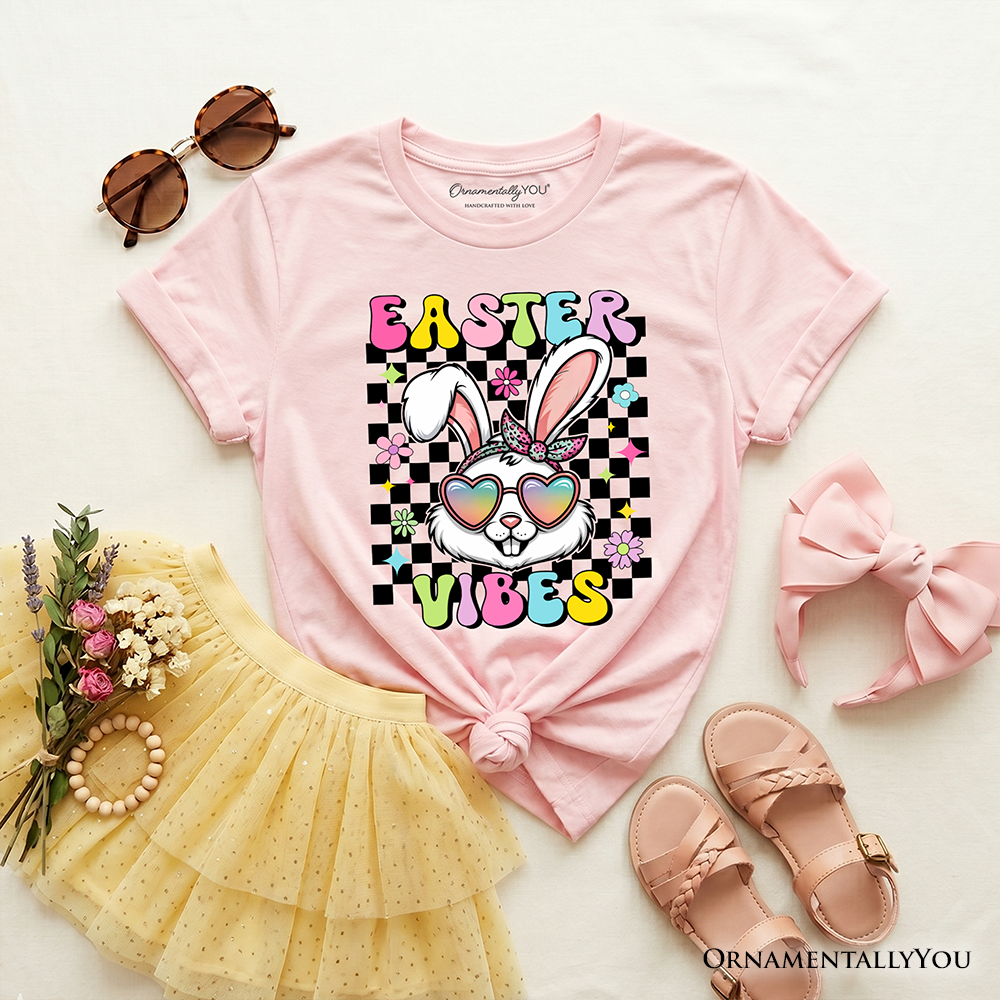 Kids Easter graphic T-shirt, soft pink crew neck with bunny “Easter Vibes” print