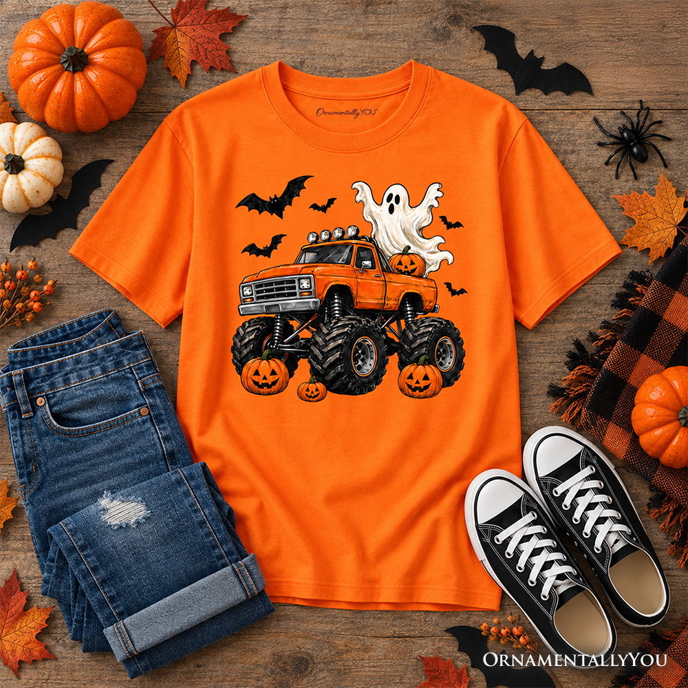 Safety orange kids T-shirt with orange monster truck, ghost, bats, and jack-o'-lantern pumpkins